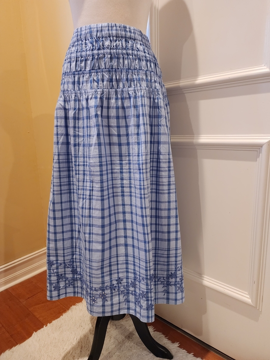 Free Assembly Dresses & Skirts - Smocked Waist Light Blue Plaid Maxi Skirt with Embroidered Hem